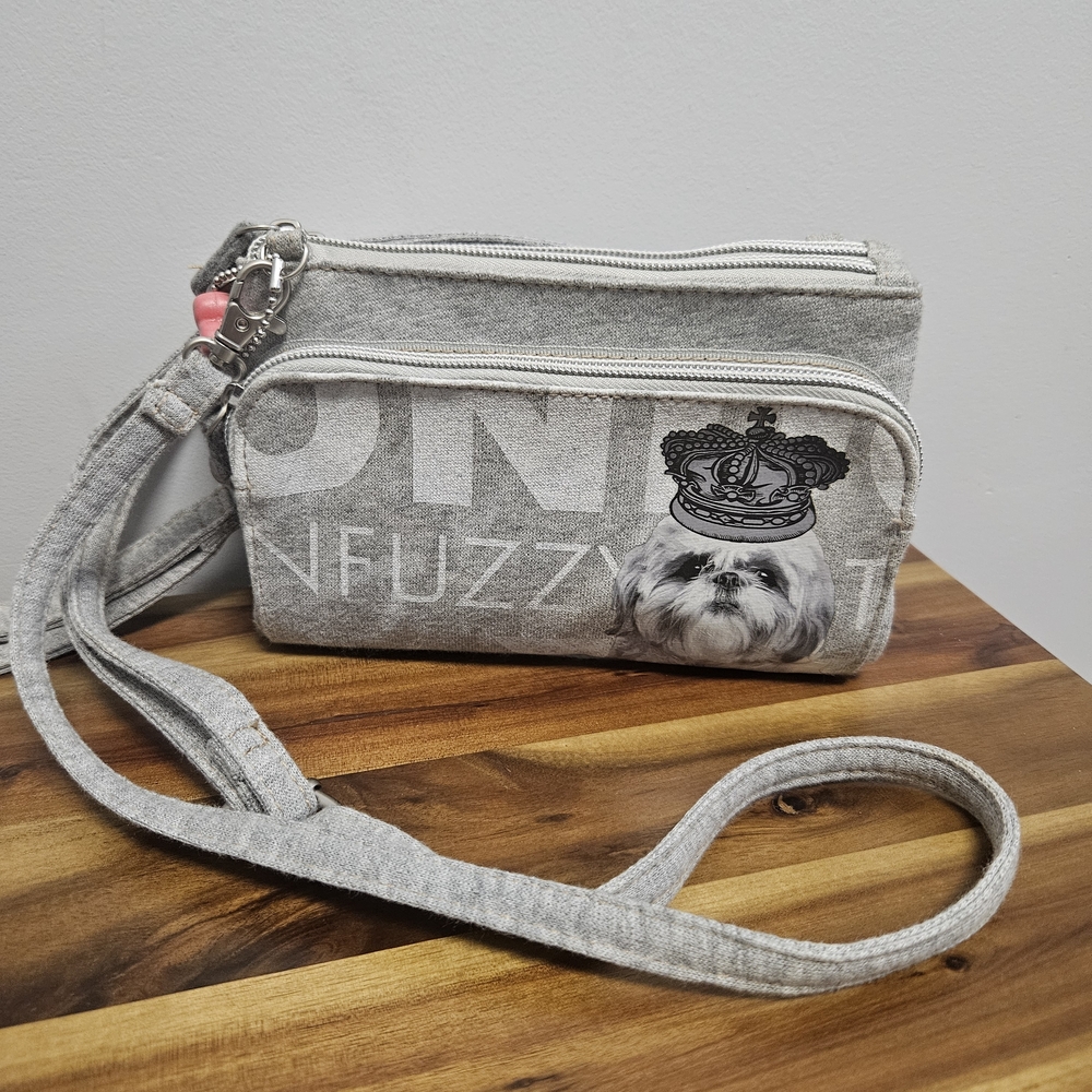 Fuzzy Nation Shih Tzu Dog Crown Grey Knit Triple Zip Crossbody Bag